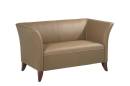 Taupe Leather Love Seat with Cherry Finish Legs